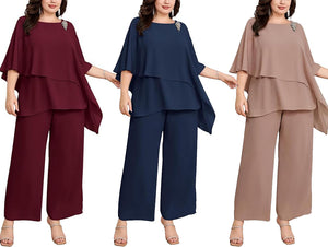 2PCS Crew Neck Mother of The Bride Pant Suits Bating Sleeves MOG Outfits