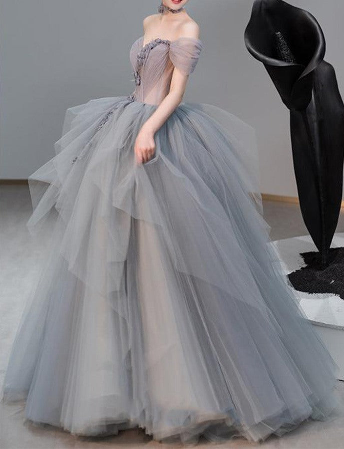 Off The Shoulder Gray Colored Tulle Wedding Gowns with 3D Flowers - promboutiqueonline