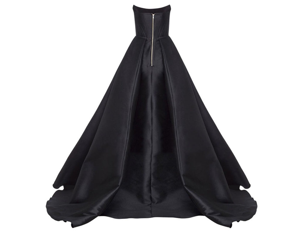 Scoop Draped Black Satin Bustier Wedding Gowns High Slit with Pockets - promboutiqueonline
