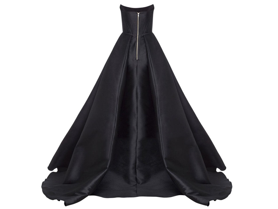 Scoop Draped Black Satin Bustier Wedding Gowns High Slit with Pockets - promboutiqueonline