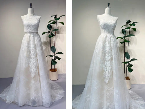 Convertible A-line Floral Lace Wedding Dress with Detachable High Neck Vest
