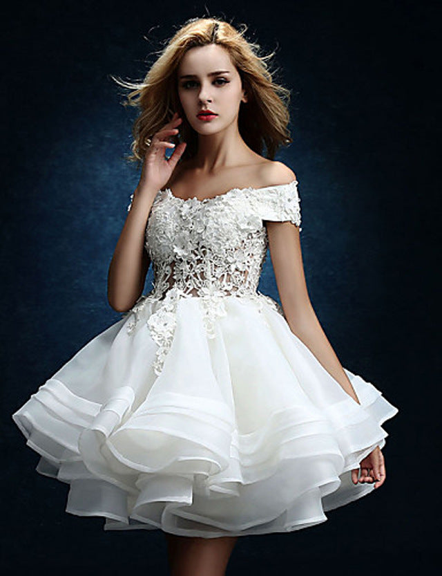 Off Shoulder Short Lace Bodice Wedding Dresses Appliqued Tutu Rehearsal Dress - promboutiqueonline