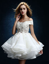 Load image into Gallery viewer, Off Shoulder Short Lace Bodice Wedding Dresses Appliqued Tutu Rehearsal Dress