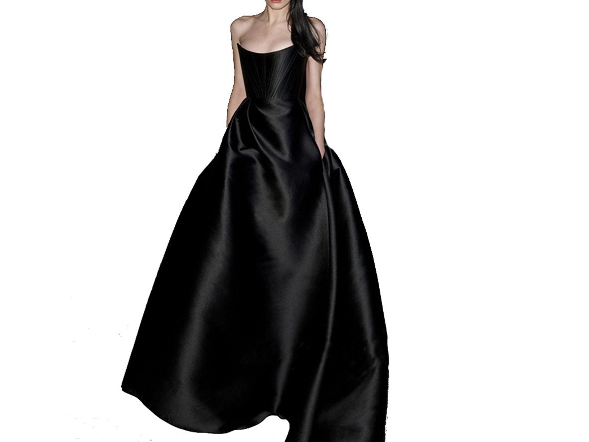 Scoop Draped Black Satin Bustier Wedding Gowns High Slit with Pockets - promboutiqueonline