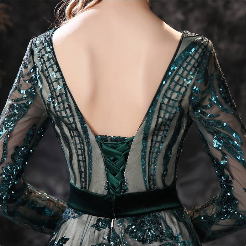 Green Long Sleeves Sequined Prom Gowns with Bateau Neckline - promboutiqueonline