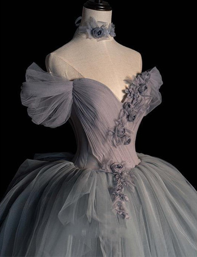 Off The Shoulder Gray Colored Tulle Wedding Gowns with 3D Flowers - promboutiqueonline