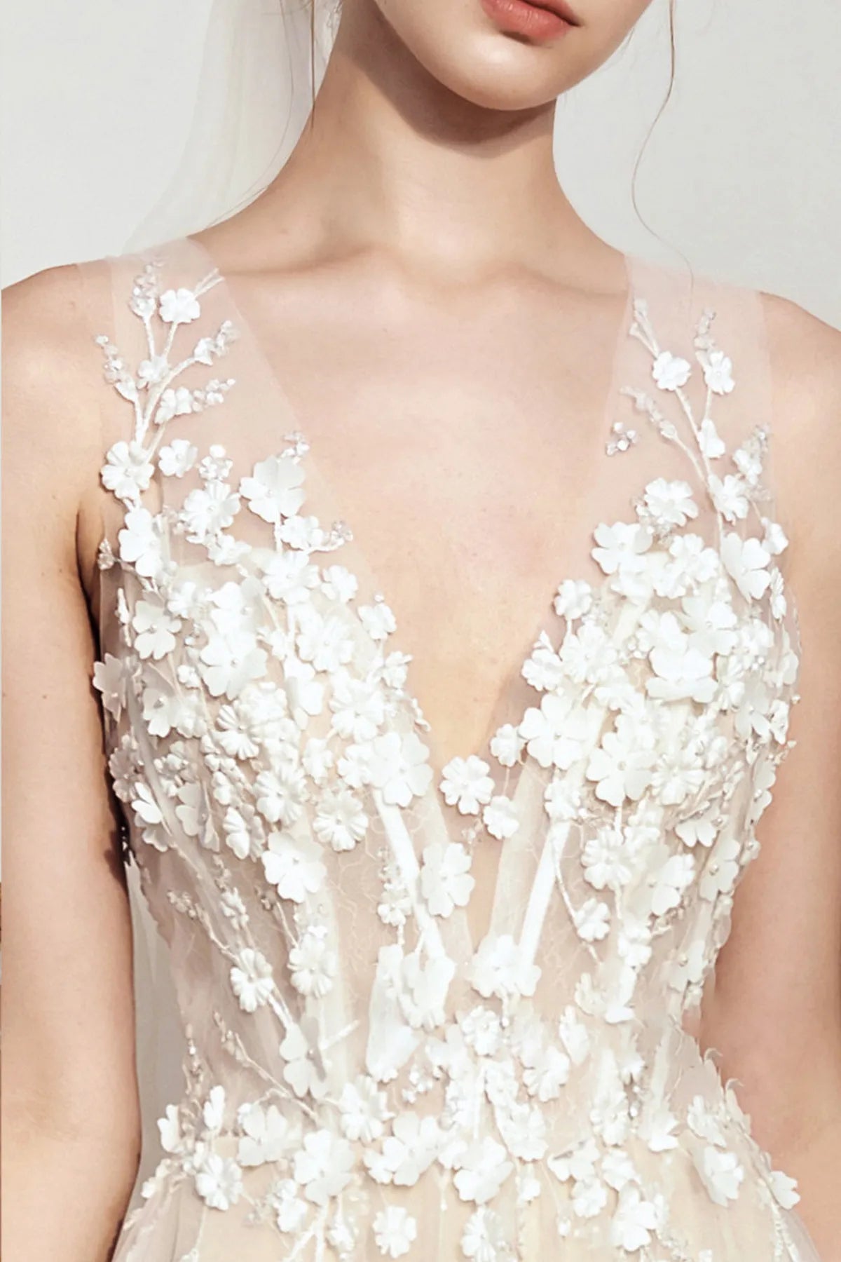 3D Floral Appliqué Plunging V-Neck A-Line Tulle Wedding Dress