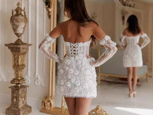 Flowers Lace Short Wedding Dress Strapless Bridal Shower Dress