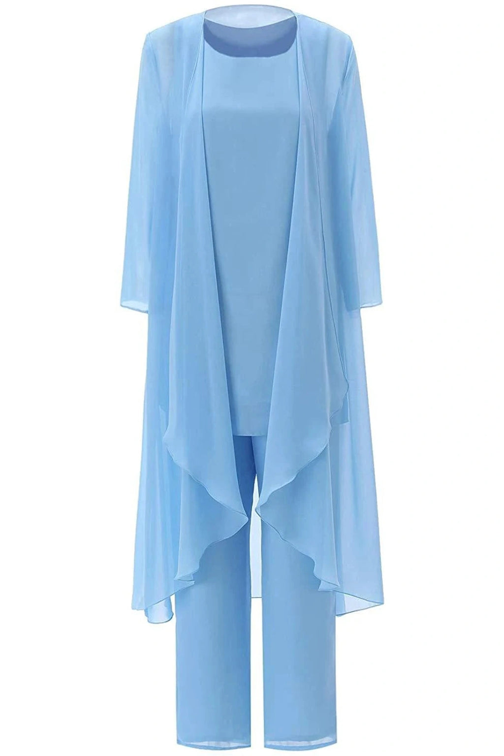 three pieces light blue chiffon mother of the bride pantsuit for summer beach wedding