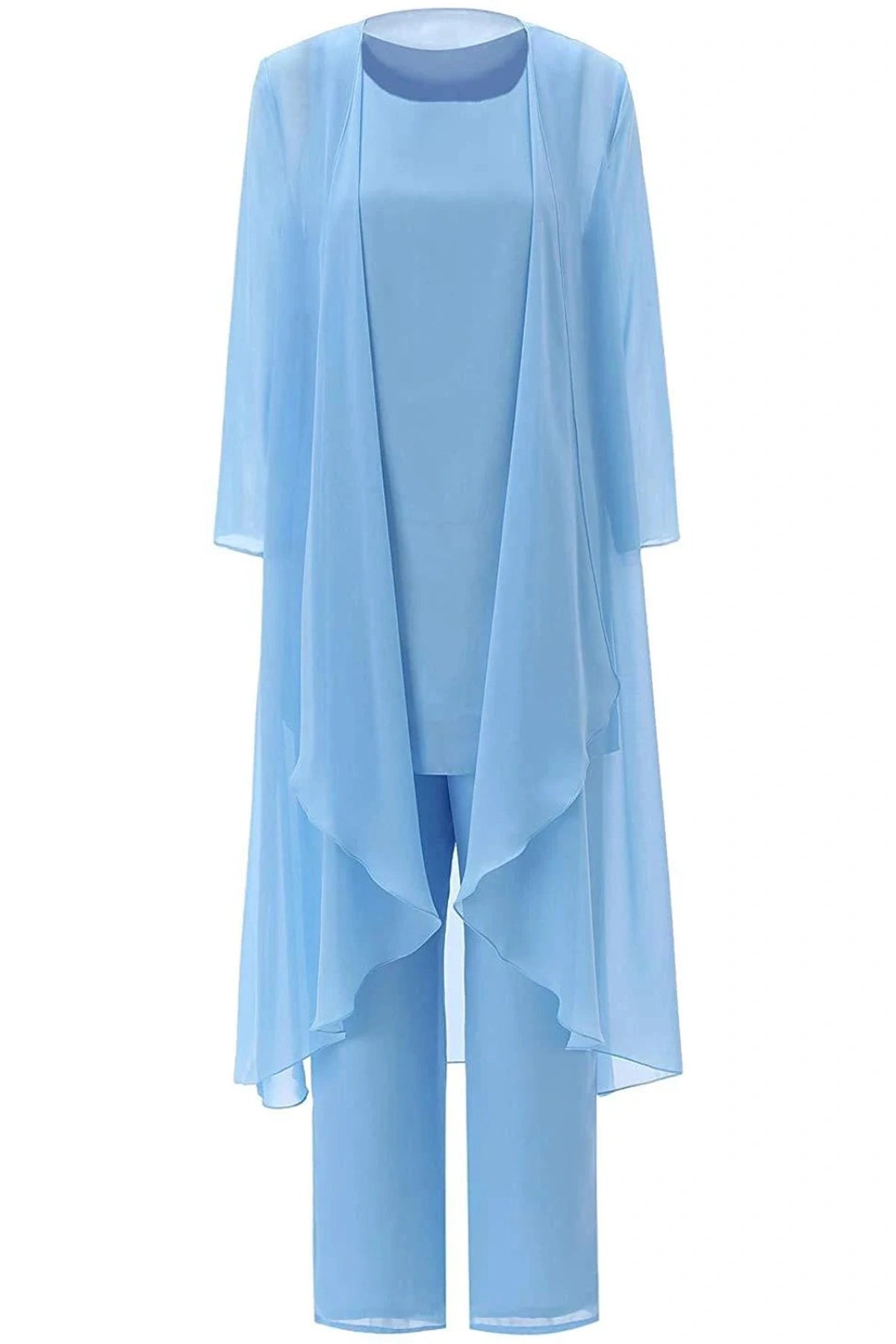three pieces light blue chiffon mother of the bride pantsuit for summer beach wedding
