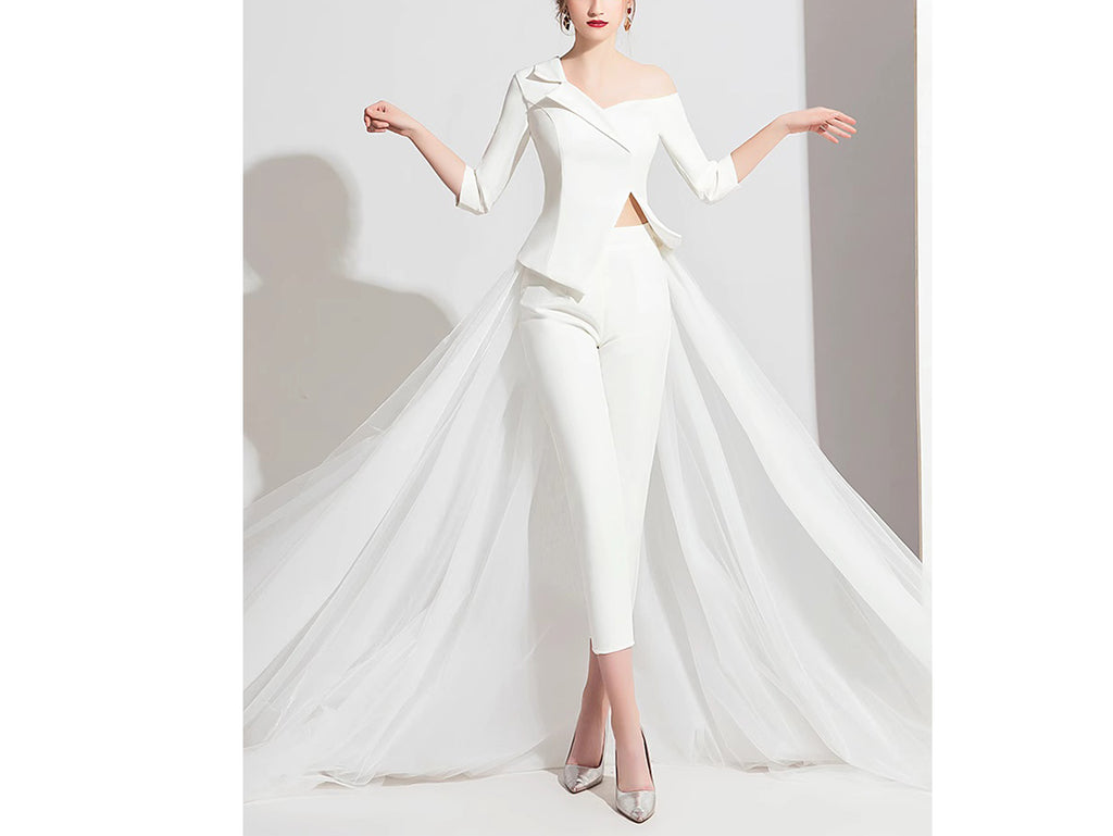3PCS White Bridal Pantsuit Formal Wear Wedding Dresses with Detachable Train