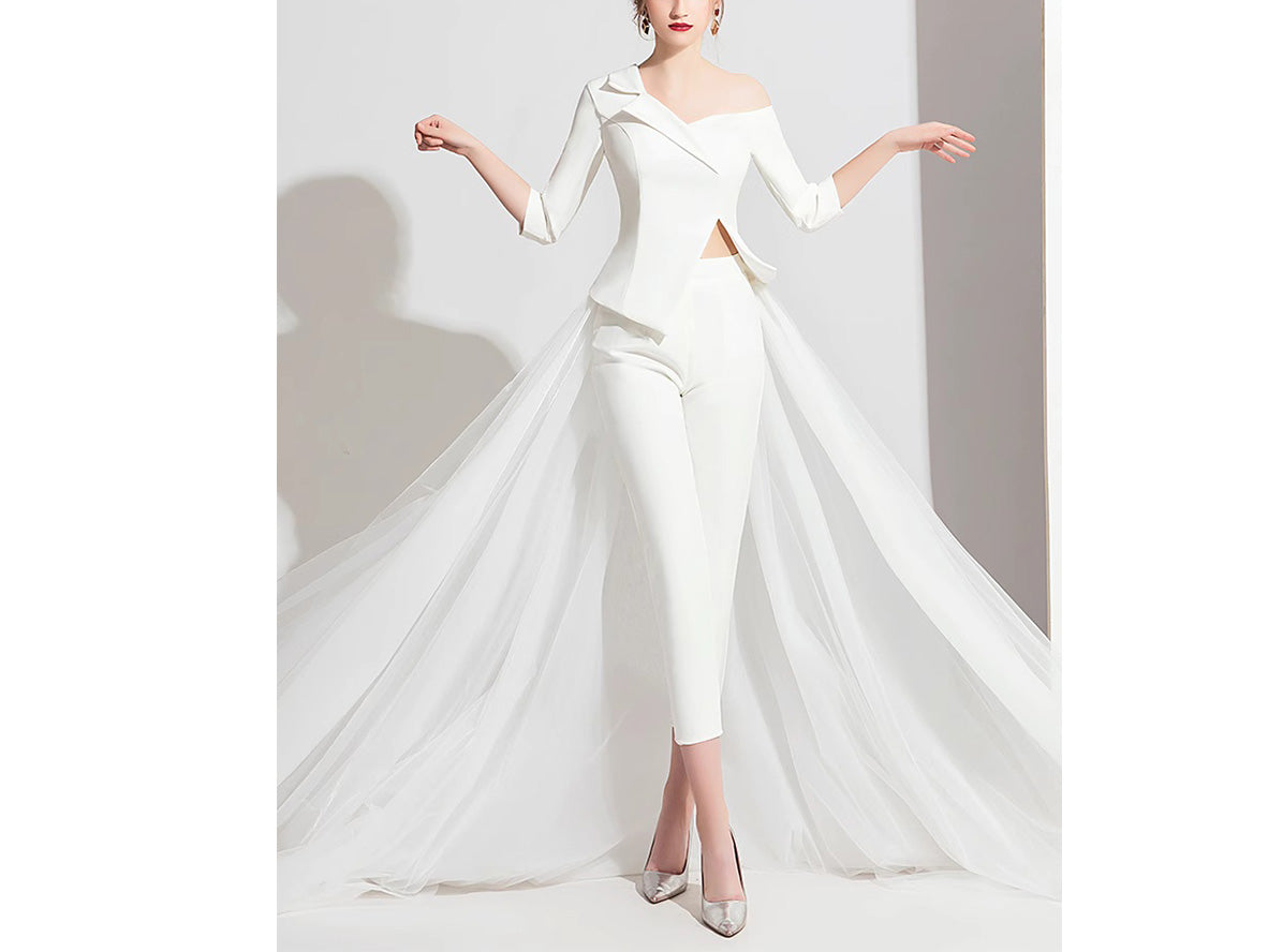 3PCS White Bridal Pantsuit Formal Wear Wedding Dresses with Detachable Train