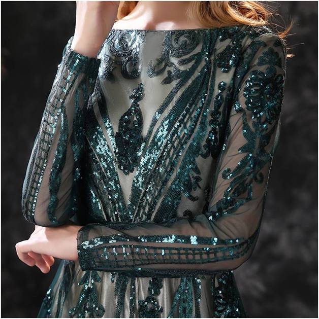 Green Long Sleeves Sequined Prom Gowns with Bateau Neckline - promboutiqueonline