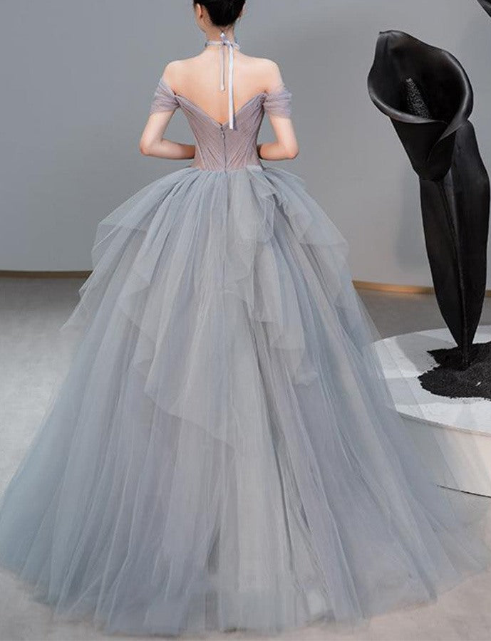 Off The Shoulder Gray Colored Tulle Wedding Gowns with 3D Flowers - promboutiqueonline