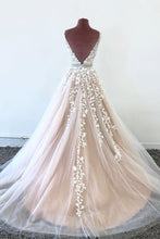 Load image into Gallery viewer, Flowers Embroidery Long Applique Prom Gowns with Straps