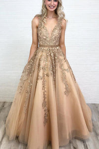 Flowers Embroidery Long Applique Prom Gowns with Straps