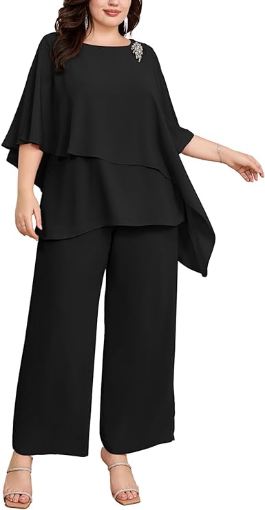 2PCS Crew Neck Mother of The Bride Pant Suits Bating Sleeves MOG Outfits - promboutiqueonline