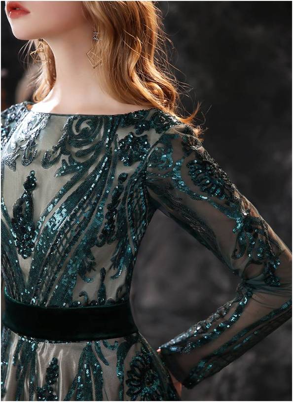 Green Long Sleeves Sequined Prom Gowns with Bateau Neckline - promboutiqueonline
