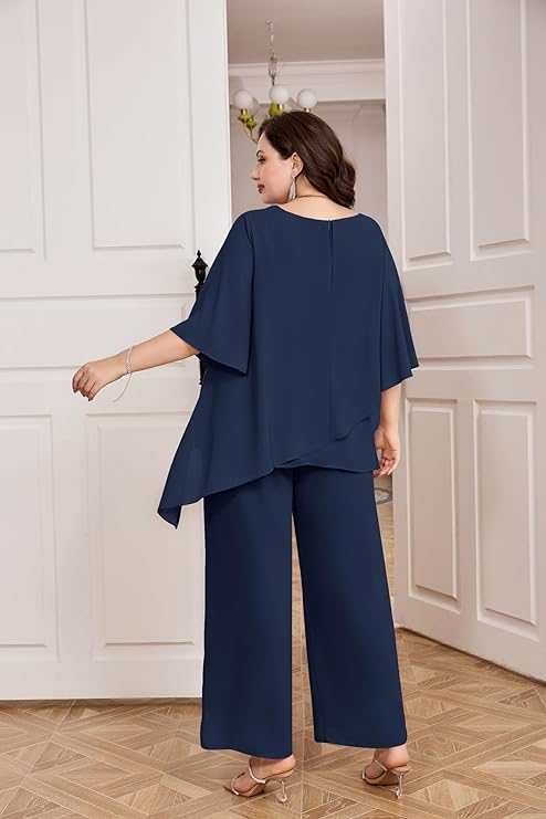2PCS Crew Neck Mother of The Bride Pant Suits Bating Sleeves MOG Outfits - promboutiqueonline