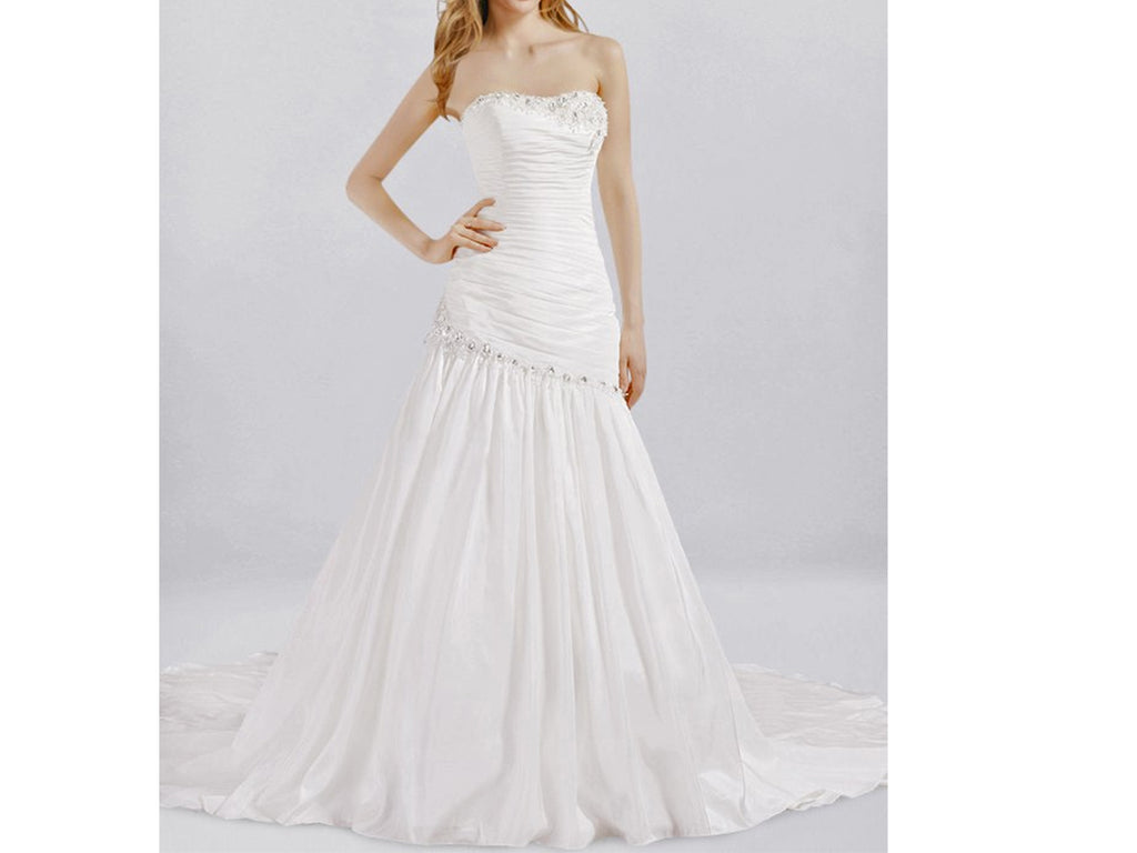 Drop Waist Corset Wedding Dress with Asymmetric Pleats and Chapel Train P034