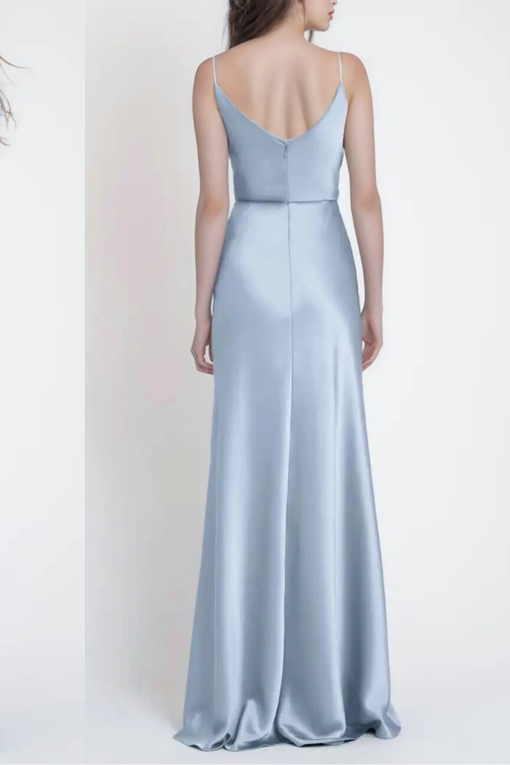 Dusty Blue Satin Bridesmaid Dress with Cowl Neck and Spaghetti Straps