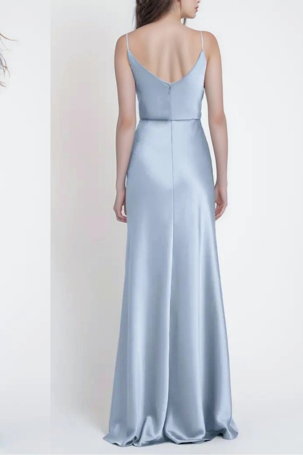 Dusty Blue Satin Bridesmaid Dress with Cowl Neck and Spaghetti Straps