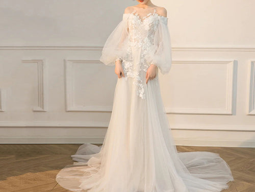 Fairy Cold Shoulder A-line Appliqued Tulle Wedding Dresses with Puffy Sleeves