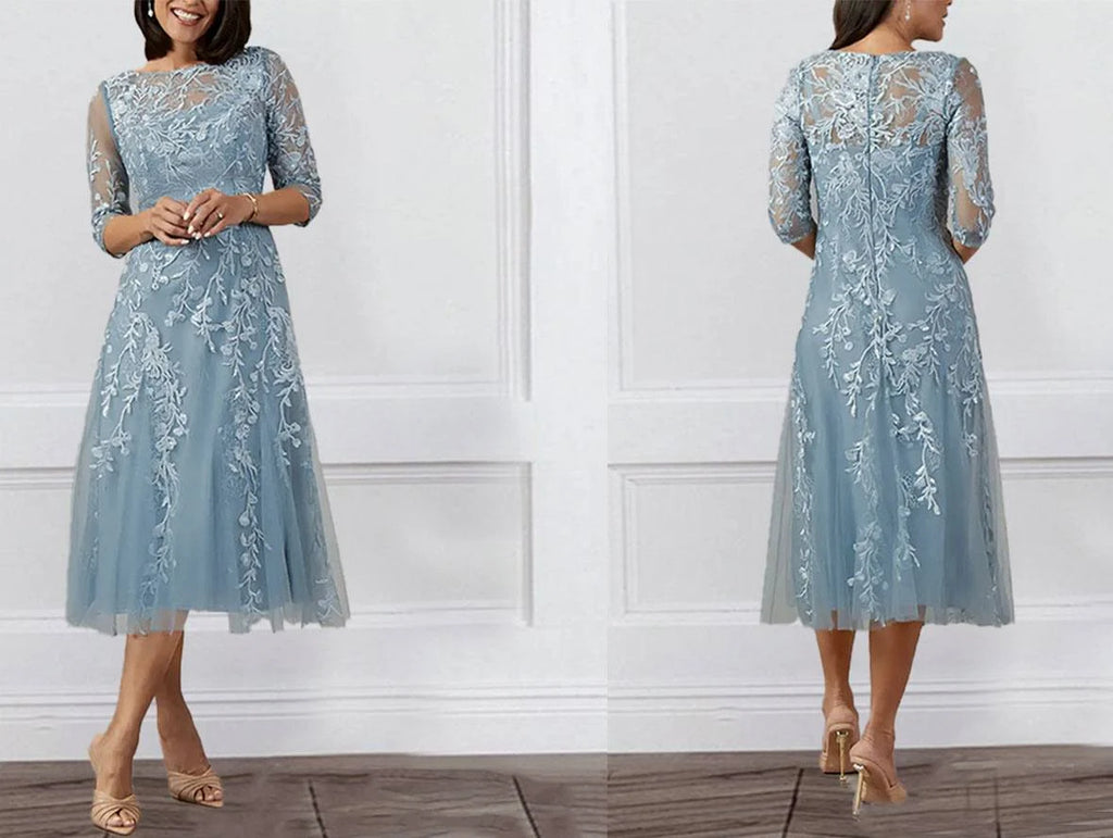 Mist Blue Floral Mother of the Bride Dress with Lace Sleeves - Mid Length Elegance