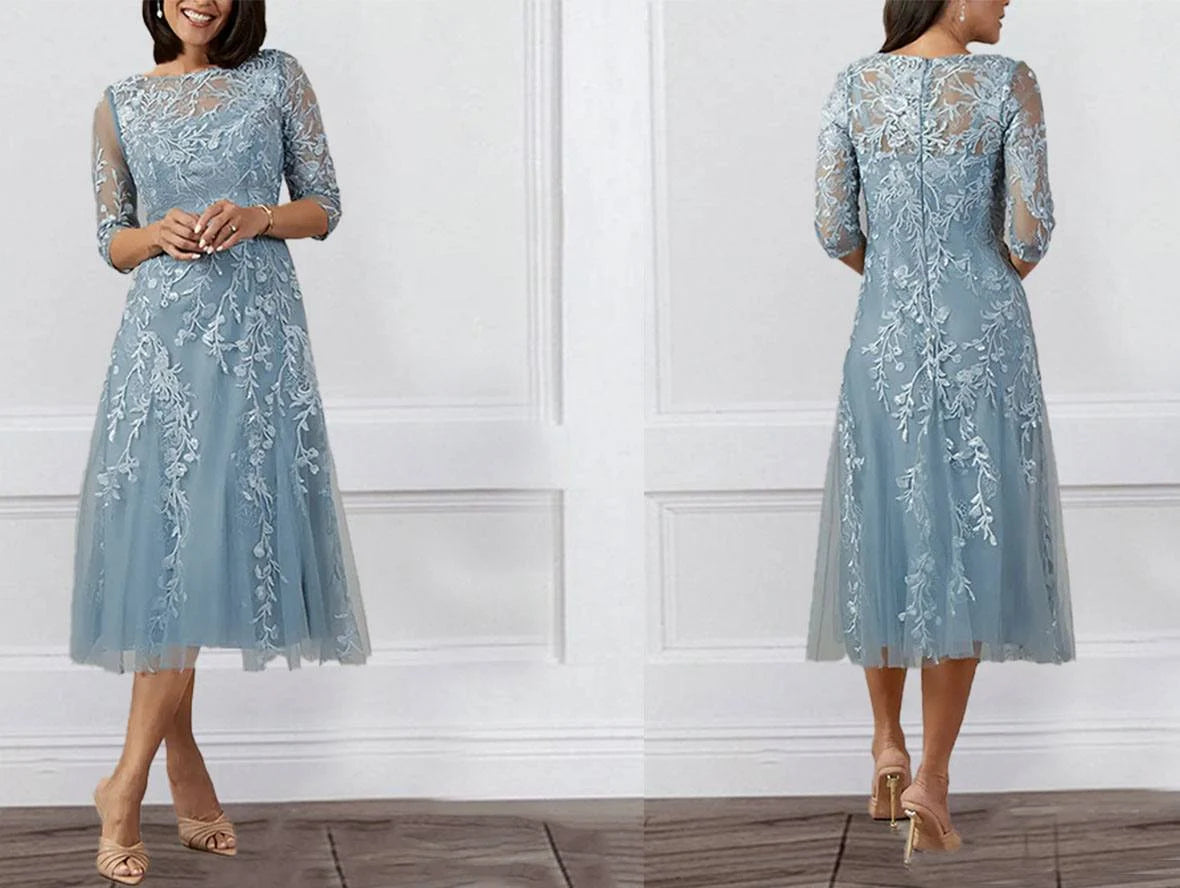 Mist Blue Floral Mother of the Bride Dress with Lace Sleeves - Mid Length Elegance