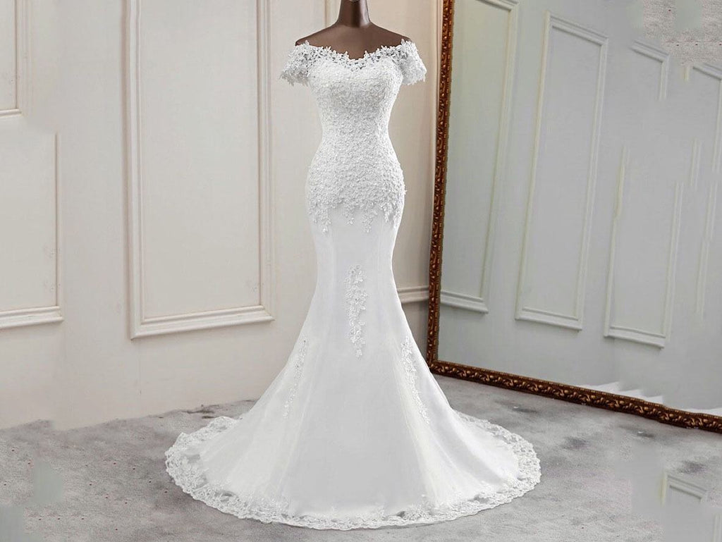 Appliqued mermaid off the shoulder lace wedding gowns with short sleeves - promboutiqueonline