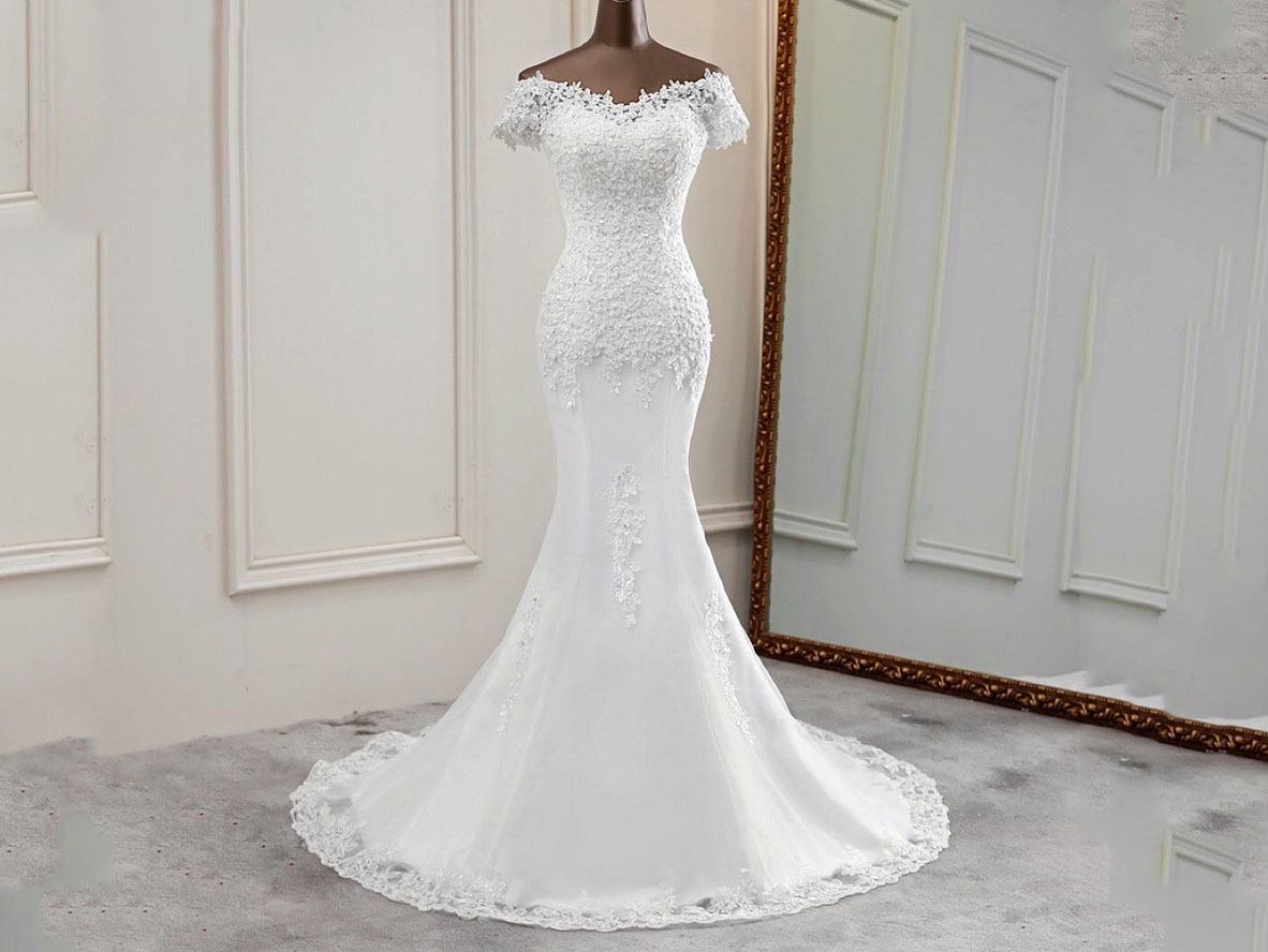 Appliqued mermaid off the shoulder lace wedding gowns with short sleeves - promboutiqueonline