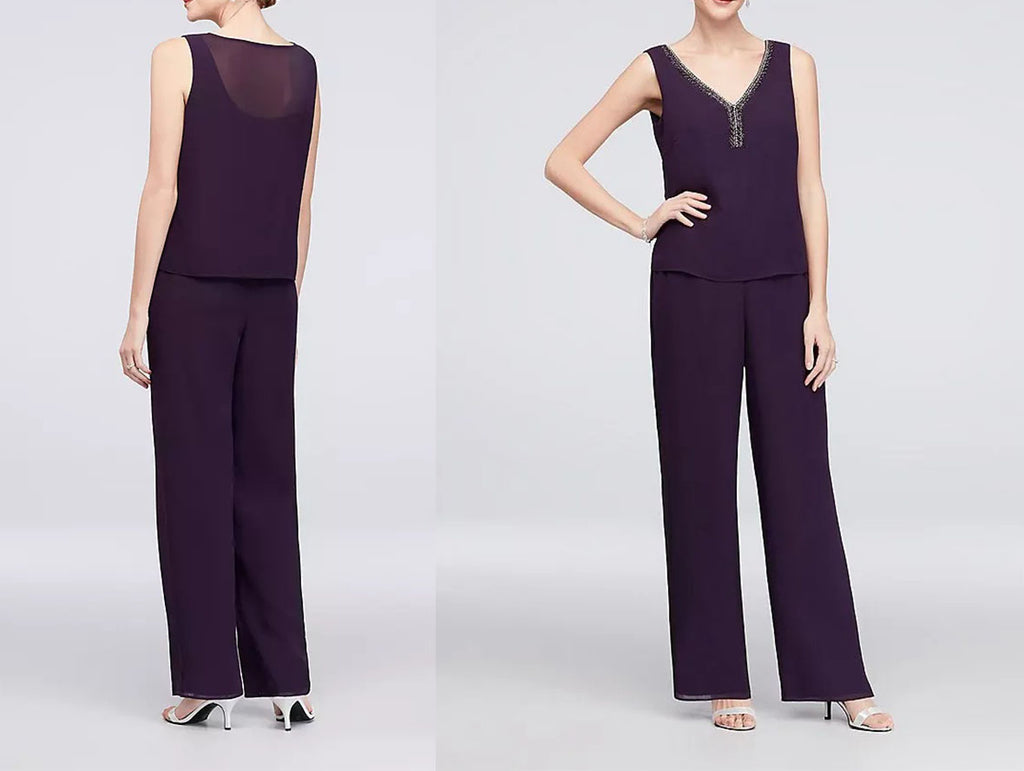 Aubergine Purple Mother of the Bride Pant Suit - 3-Piece Asymmetric Ensemble