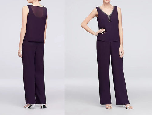 Aubergine Purple Mother of the Bride Pant Suit - 3-Piece Asymmetric Ensemble