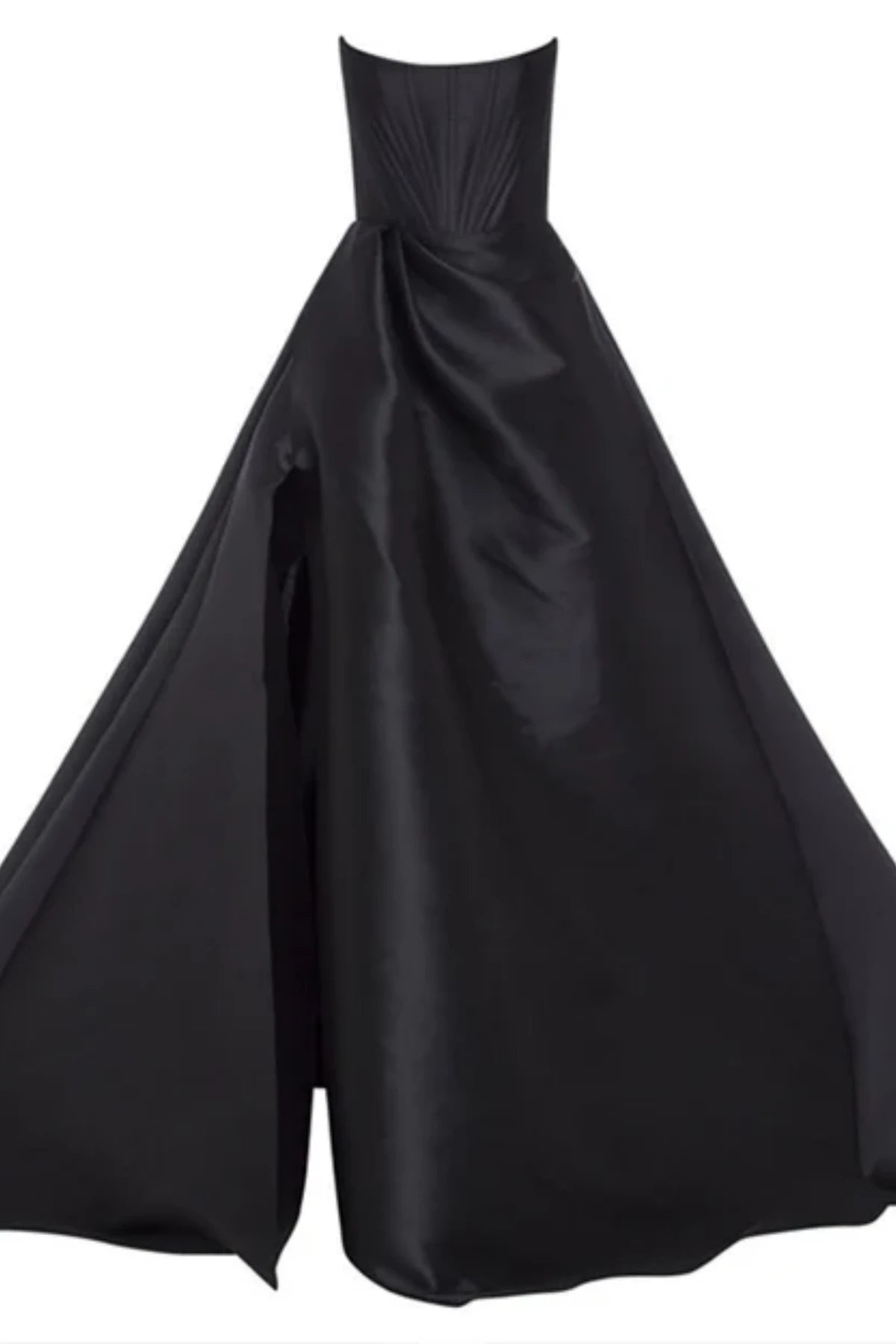 Front view on a white background of a strapless black satin ball gown featuring a structured, finely pleated corset bodice and a voluminous split skirt