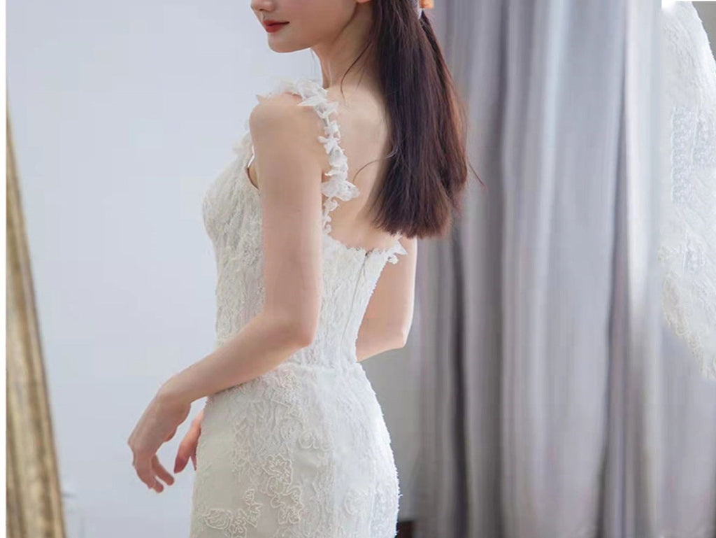 French Style Sheath Lace Fishtail Bridal Wear Wedding Dresses with Straps - promboutiqueonline