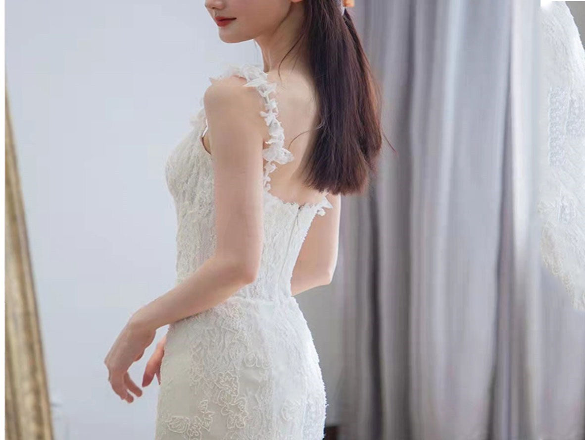 French Style Sheath Lace Fishtail Bridal Wear Wedding Dresses with Straps - promboutiqueonline