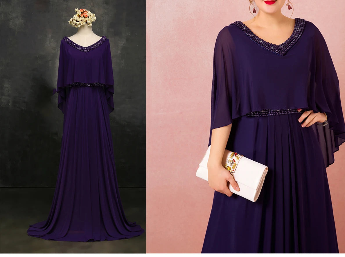 Purple Chiffon Mother of the Bride Dresses with Cape Sleeves in Purple Blue Plus Size
