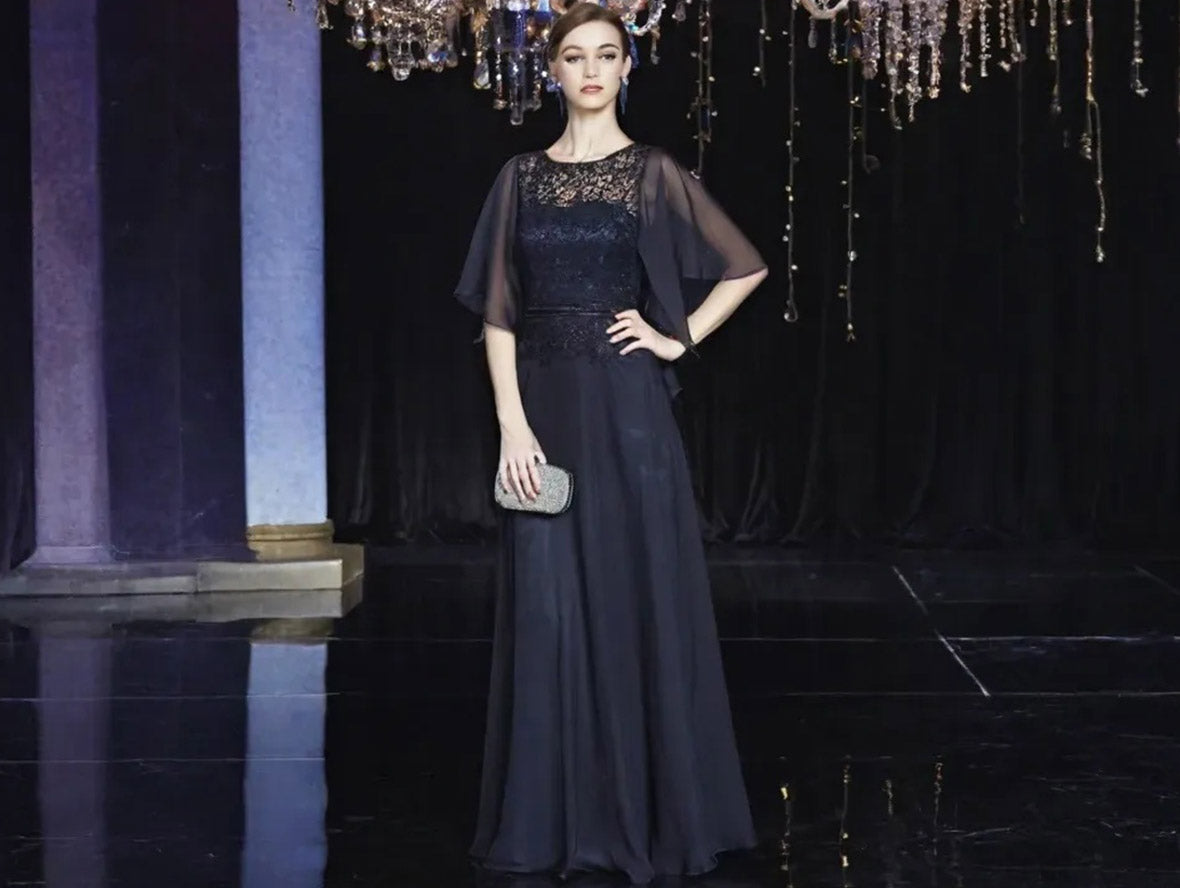 Blue Lace Mother of the Bride Dress with Mid-Length Sheer Sleeves