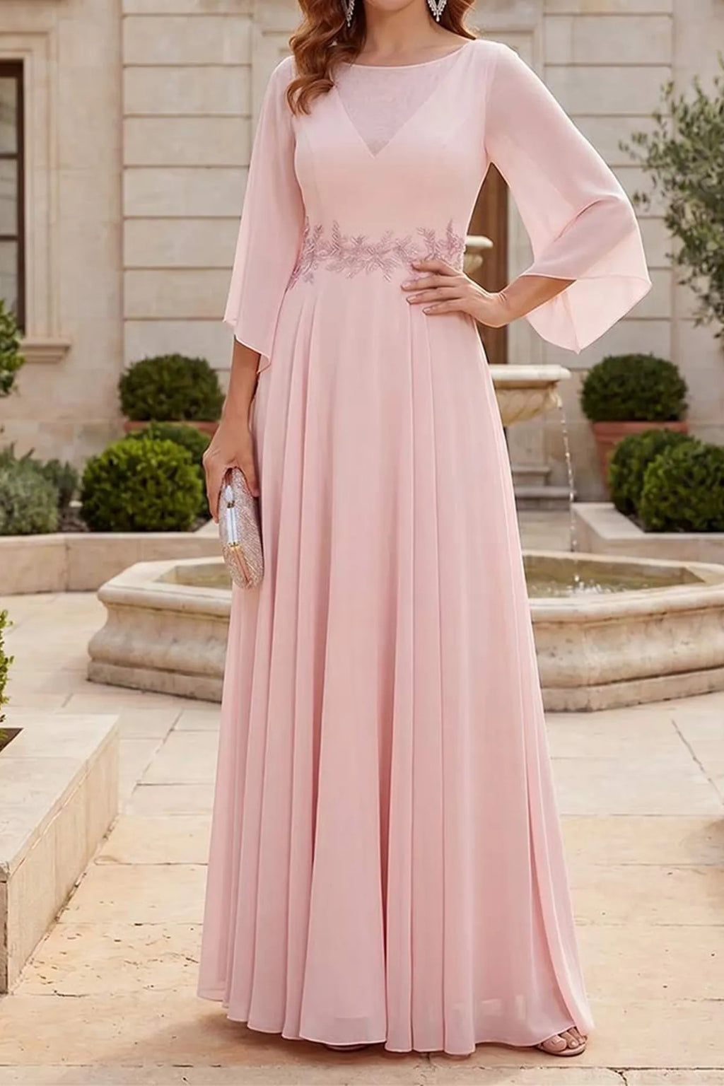 pink mother of the bride dress with 3/4 sleeves front view