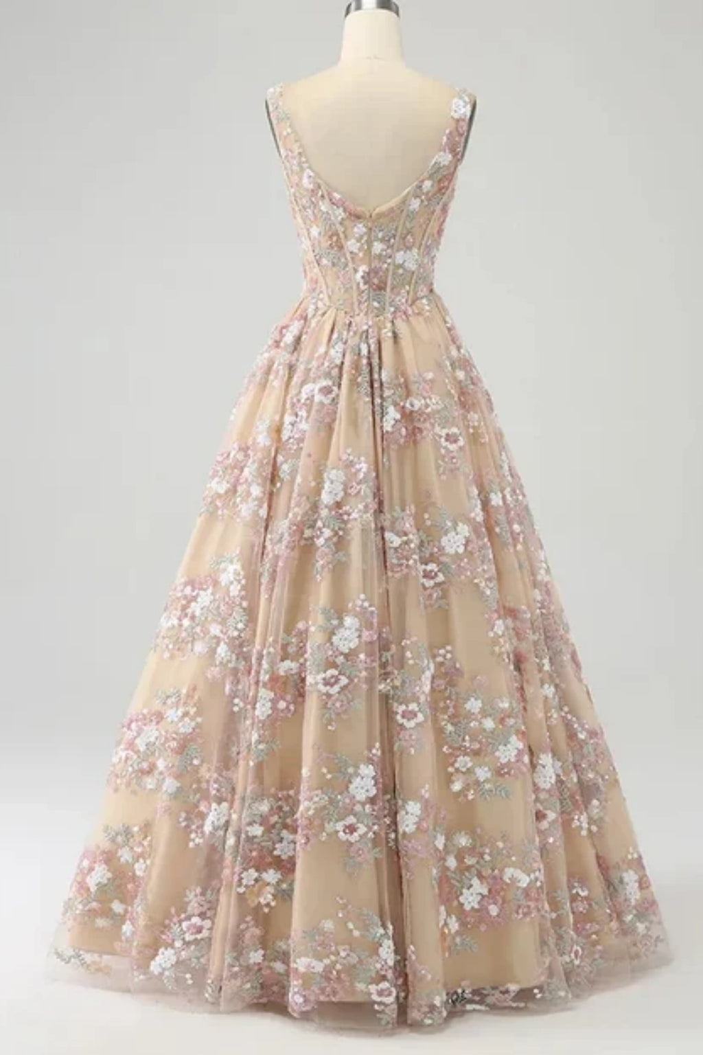 champagne corset prom gown with beading and sequin embellishment