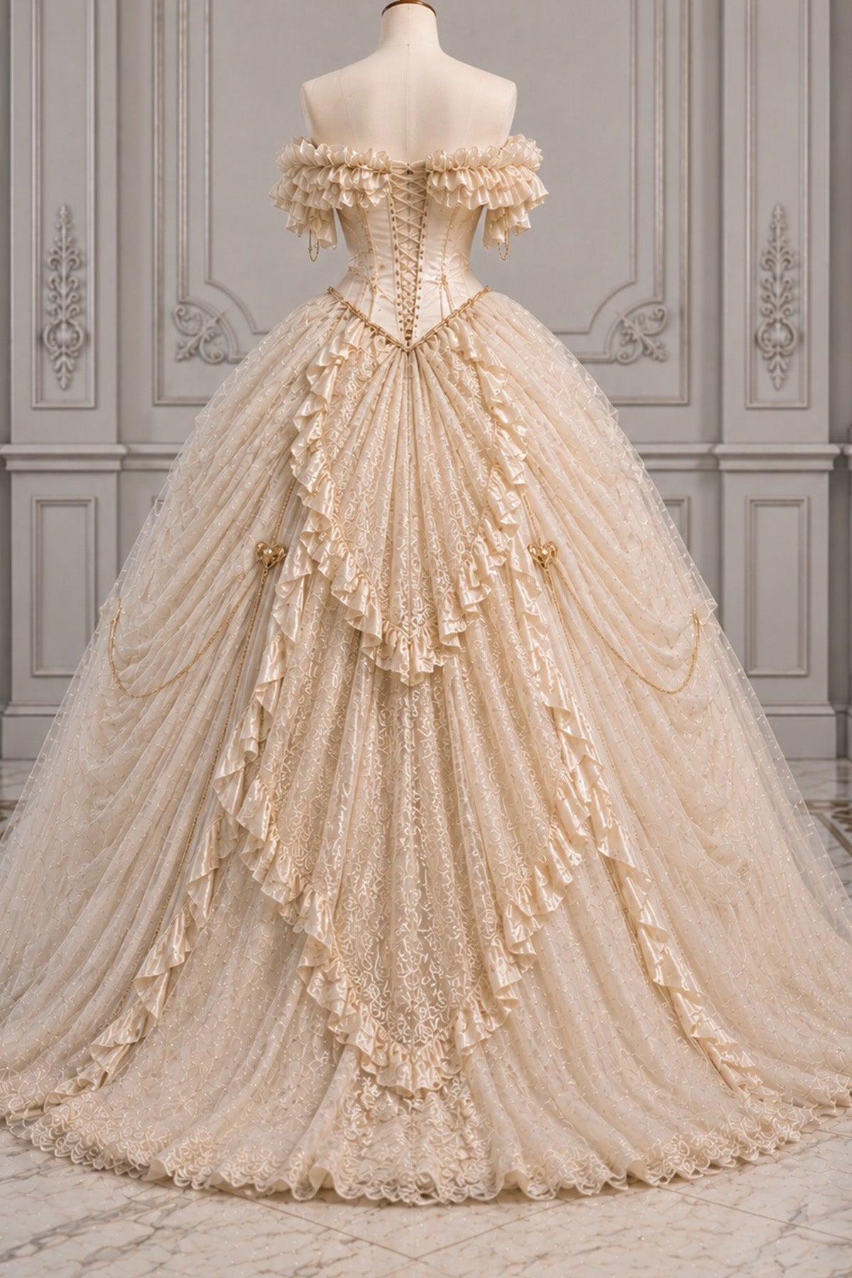 Champagne wedding ball gown lace-up corset back detail on mannequin