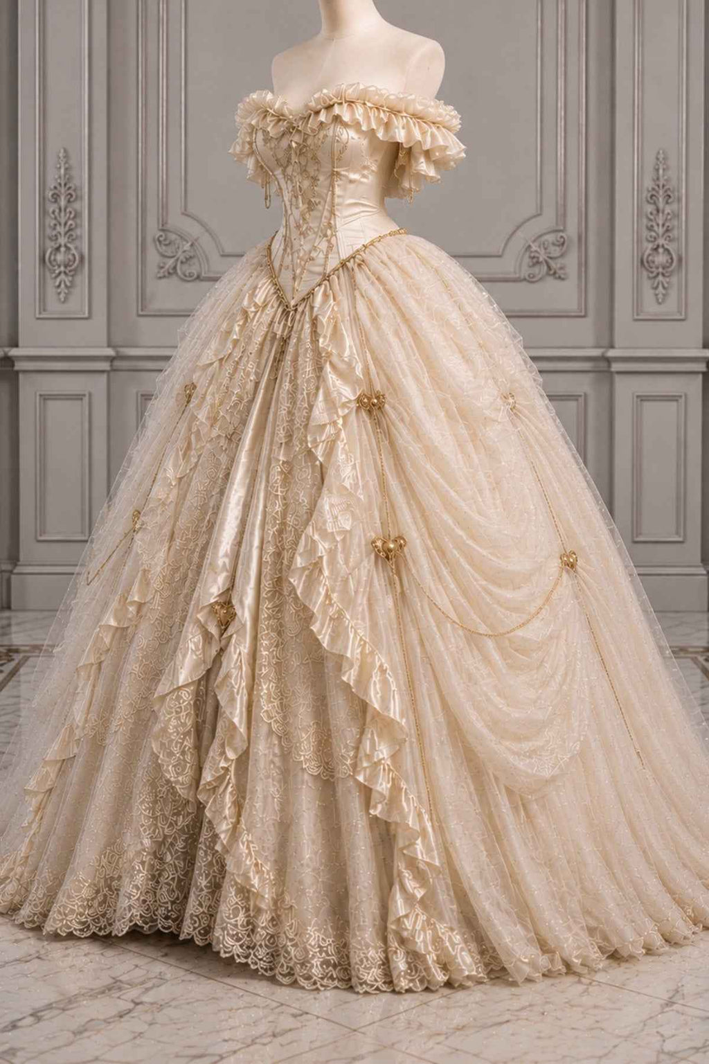 Champagne Off-Shoulder Corset Ball Gown Wedding Dress Vintage