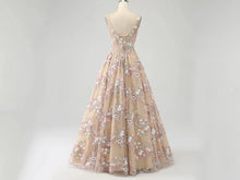 Load image into Gallery viewer, Champagne Floral Embellished Prom Gowns with Wide Straps