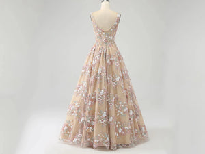 Champagne Floral Embellished Prom Gowns with Wide Straps