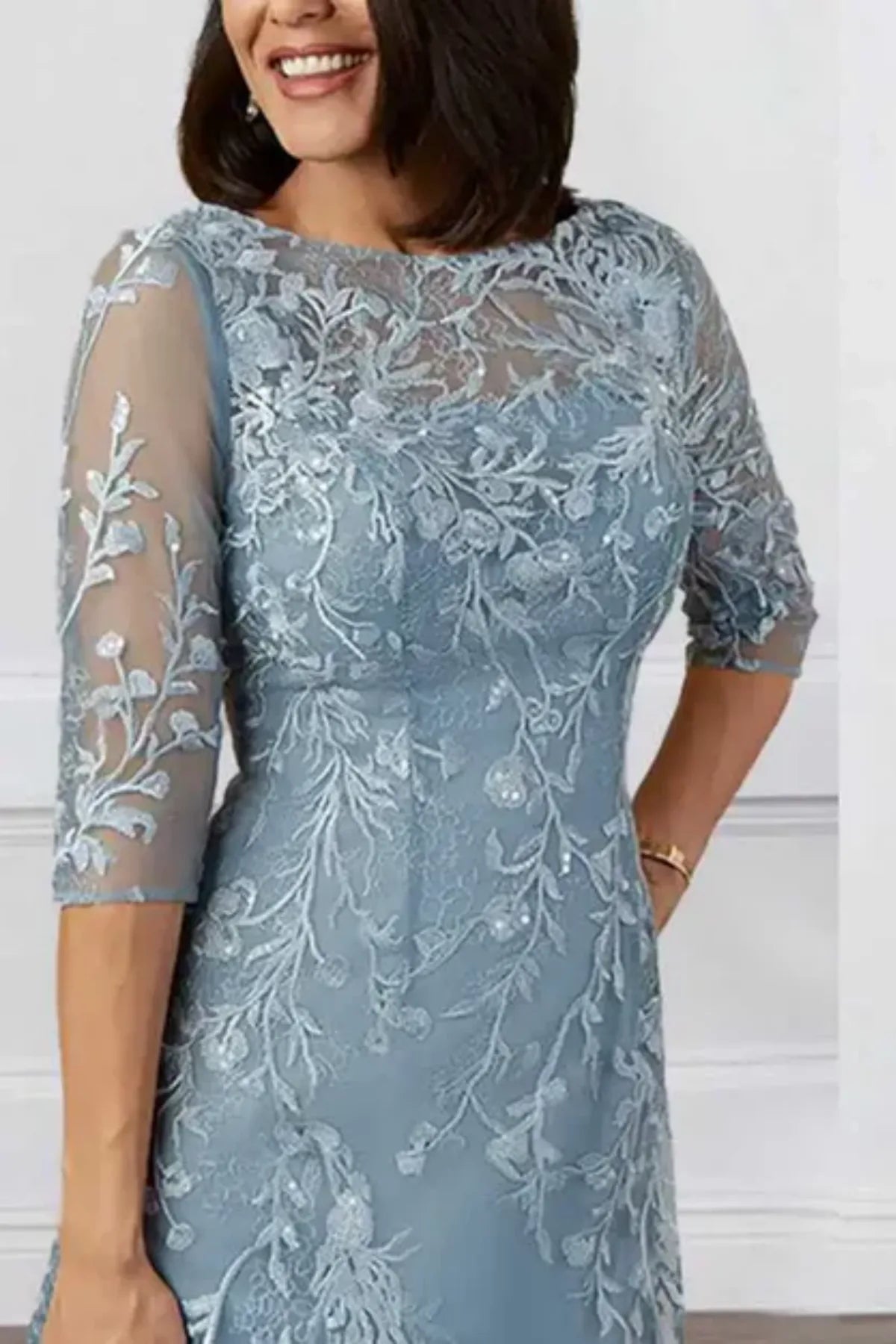 Mist Blue Floral Mother of the Bride Dress with Lace Sleeves - Mid Length Elegance