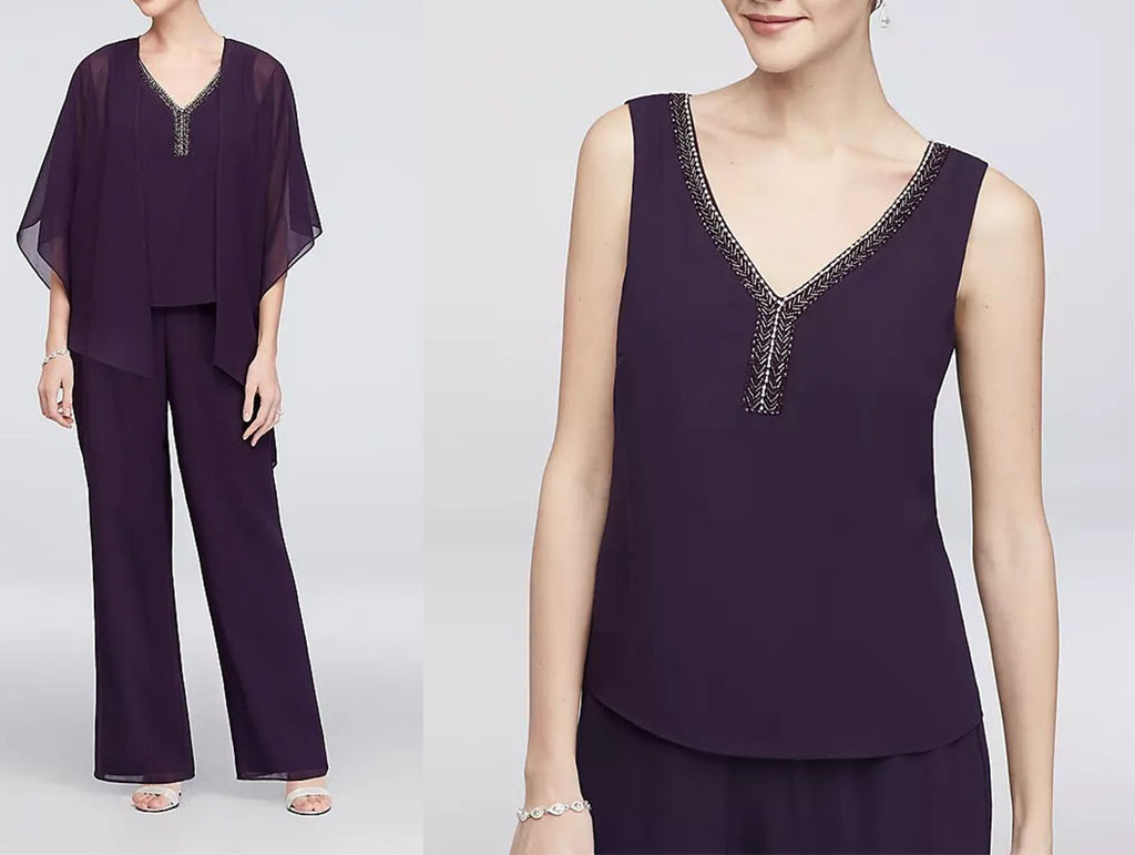 Aubergine Purple Mother of the Bride Pant Suit - 3-Piece Asymmetric Ensemble