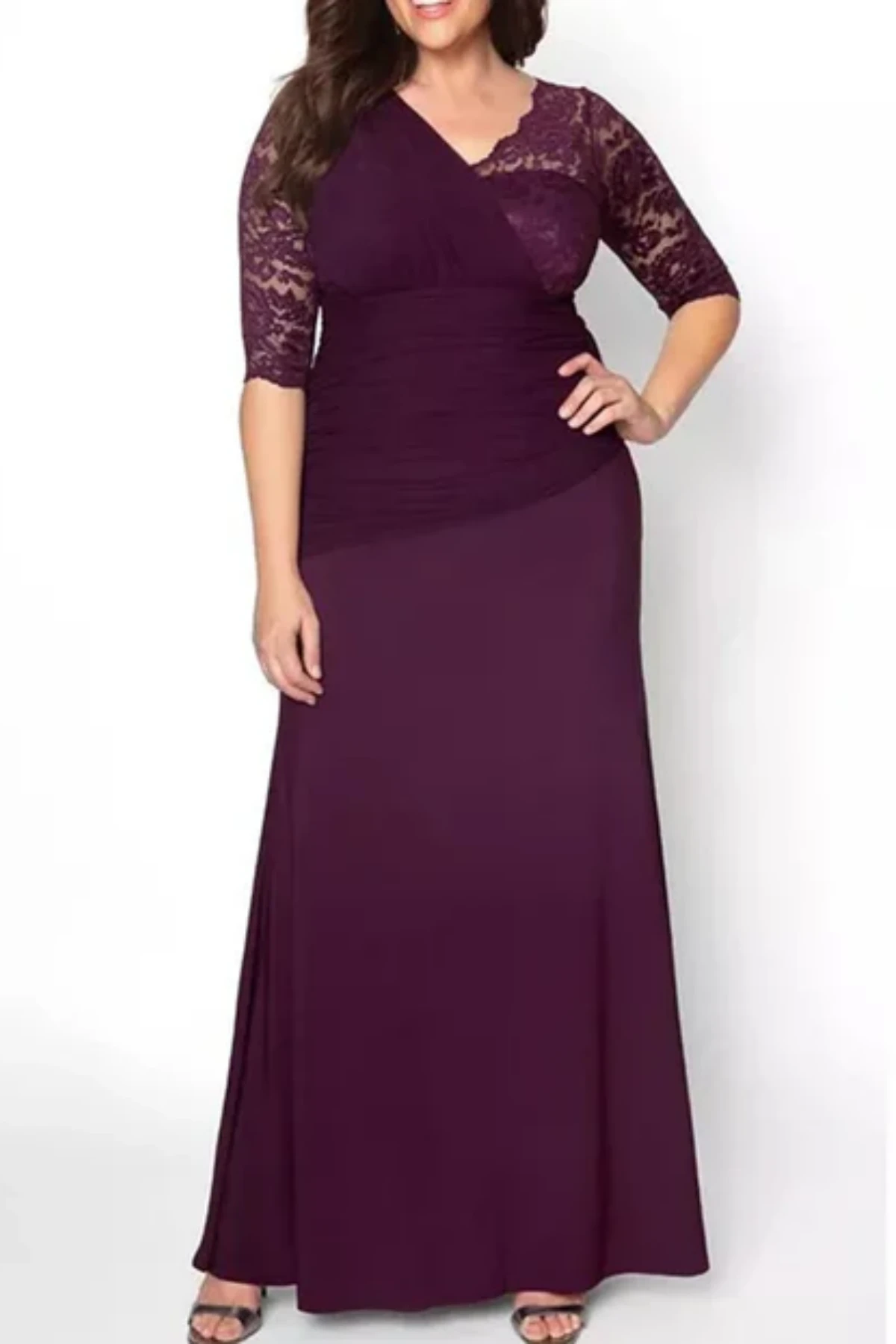 Plum lace mother of the bride dress with V-neckline, half sleeves, and ruched waist, flattering A-line evening gown