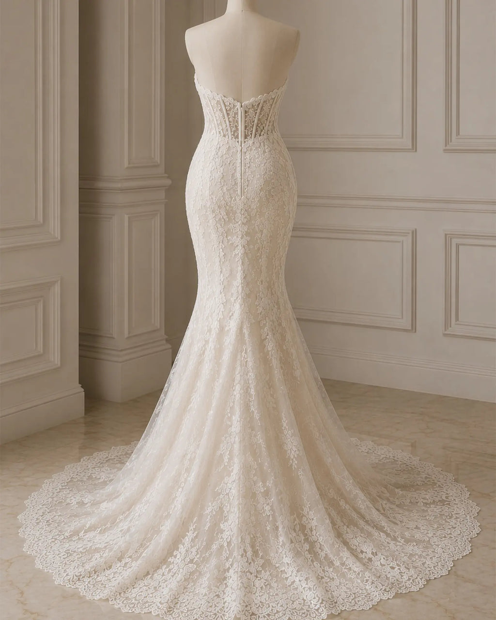 strapless lace bridal gown with scalloped train