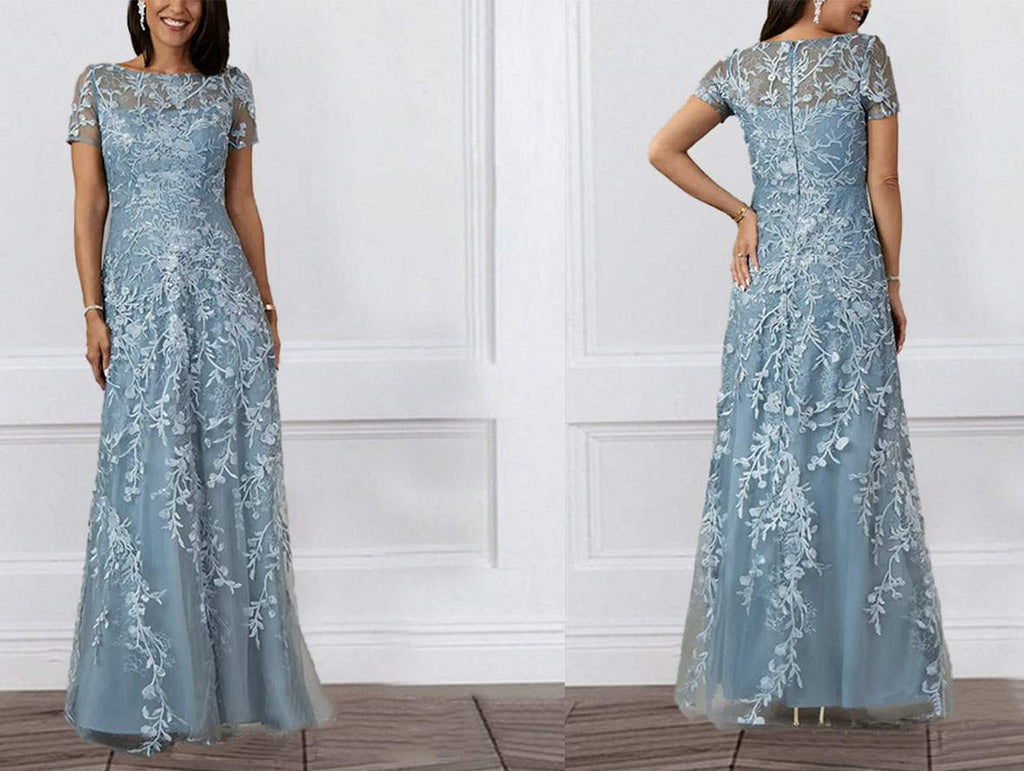 Boat Neck Floral Lace Floor Length Mother of the Bride Dress with Short Sleeves