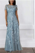 Boat Neck Floral Lace Floor Length Mother of the Bride Dress with Short Sleeves